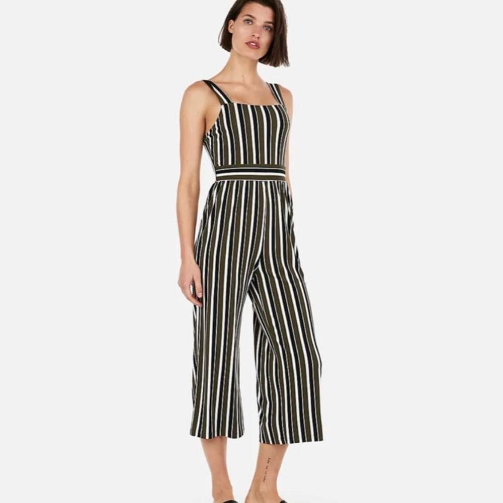 Express Olive Green Striped Cropped Jumpsuit, Like New